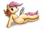  anthrofied bottle breasts cub equine female flat_chested friendship_is_magic hair horse looking_at_viewer lying mammal monochrome my_little_pony navel nipples nude on_side pegasus plain_background purple_eyes pussy scootaloo_(mlp) smile solo teeth tg-0 water white_background wings young 