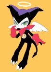  anthro bandai_namco claws digimon digimon_(species) feathered_wings feathers green_eyes halo hi_res impmon kerchief male neckerchief neckwear purple_body solo spade_tail tail wings yuzuaccident 