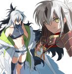  1girl black_hair crop_top fate/grand_order fate_(series) highres jacket long_hair midriff multicolored_hair nagao_kagetora_(fate) navel qkqajrwk shorts two-tone_hair uesugi_kenshin_(second_ascension)_(fate) white_hair white_jacket white_shorts yellow_eyes 