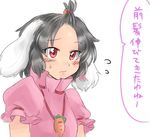  alternate_hairstyle animal_ears bad_id bad_pixiv_id black_hair blush_stickers bunny_ears carrot carrot_necklace dress flying_sweatdrops forehead inaba_tewi jewelry mana_(tsurubeji) necklace pendant red_eyes short_hair short_sleeves solo sweatdrop touhou translation_request 