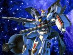  1990s_(style) artist_request beam_rifle energy_gun f90_gundam gatling_gun gundam gundam_f90 machinery mecha mecha_focus missile_pod mobile_suit nebula no_humans o'neill_cylinder official_art retro_artstyle robot scan science_fiction space space_habitat star_(sky) traditional_media v-fin vernier_thrusters weapon 