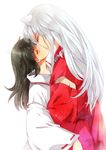  1girl animal_ears black_hair blush closed_eyes couple dated dog_ears from_side hetero highres higurashi_kagome inuyasha inuyasha_(character) japanese_clothes jewelry kiss long_hair miko muriko necklace open_mouth pearl signature silver_hair white_background 