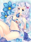  bangs bikini blue_eyes blush breasts flower groin hat long_hair medium_breasts mouth_hold navel original silver_hair sitting solo swimsuit twintails youqiniang 