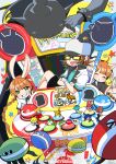  4girls 6+boys ahoge animal_ears anniversary aqua_shirt arcade_cabinet b-kun_(pop&#039;n_music) bandages baseball_cap belt bemani black-framed_eyewear black_coat black_pants black_shirt black_shorts blonde_hair blue_hair blue_hat blue_jacket blue_pants blue_shirt blue_skin blush blush_stickers border braid brown_hair cat_ears cat_girl chibi closed_eyes closed_mouth coat collared_shirt colored_skin commentary_request copyright_name crop_top crossed_arms dark-skinned_female dark_skin dated dino_(pop&#039;n_music) eighth_note food green_eyes grey_border happy_birthday hat hatena_(pop&#039;n_music) heart highres jacket judy_(pop&#039;n_music) keiri_org kumoha-san long_hair mary_(pop&#039;n_music) mimi_(pop&#039;n_music) mr._katucco mr._kk multiple_boys multiple_girls musical_note mzd nyami_(pop&#039;n_music) o3o object_head open_mouth outside_border pal_(pop&#039;n_music) pants pink_belt polka_dot polka_dot_background pop&#039;n_music pop-kun rabbit_ear_headwear rabbit_ears rabbit_girl red_hat red_shirt shaded_face shirt short_hair short_sleeves shorts shrimp shrimp_tempura smile smile_(pop&#039;n_music) star_(symbol) sunglasses tempura the_king_(pop&#039;n_music) timer_(pop&#039;n_music) tinted_eyewear twin_braids white_hat white_jacket white_shirt wristband yellow-tinted_eyewear yellow_background 