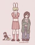  animal_ear_hairband animal_ears artist_name blonde_hair blue_pants brown_hair brown_shoes collared_shirt cosplay crossdressing crossdressing_(mtf) fake_animal_ears father_and_daughter full_body green_jacket grey_background grey_shirt hairband hand_on_another's_back hand_over_face hands_on_own_face harry_mason heather_mason highres hood hoodie jacket james_sunderland james_sunderland_(cosplay) laughing leg_hair midriff navel oisiso pants parted_lips pink_sailor_collar pink_serafuku pink_shirt pink_skirt pink_socks pleated_skirt rabbit_ears sailor_collar school_uniform serafuku shimizu_hinako shimizu_hinako_(cosplay) shirt shoes silent_hill_(series) silent_hill_1 silent_hill_2 silent_hill_f skirt sleeves_past_fingers sleeves_past_wrists socks standing trembling twitter_username white_hoodie 
