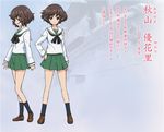  akiyama_yukari bangs black_legwear blouse brown_eyes brown_footwear brown_hair character_sheet concept_art contrapposto cross girls_und_panzer green_skirt hand_on_hip kneehighs loafers long_sleeves looking_at_viewer messy_hair miniskirt neckerchief official_art ooarai_school_uniform open_mouth pleated_skirt ribbon school_uniform serafuku shirt shoes short_hair skirt smile socks standing sugimoto_isao translated white_blouse white_shirt 