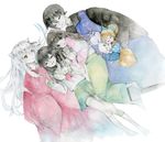  3boys akane_y animal_ears annoyed bad_id bad_pixiv_id barefoot black_hair closed_eyes dog_ears friends hair_between_eyes higurashi_kagome inuyasha inuyasha_(character) kesa kirara_(inuyasha) kneehighs long_hair long_skirt low-tied_long_hair lying miroku_(inuyasha) multiple_boys multiple_girls sango school_uniform serafuku shippou_(inuyasha) skirt sleeping socks tail traditional_media watercolor_(medium) white_hair white_legwear 