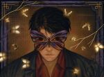  agremur black_coat black_hair border branch bug butterfly butterfly_on_face censored censored_identity coat collared_shirt facing_viewer highres kenshi_takahashi mortal_kombat_(series) mortal_kombat_1_(2023) optical_illusion ornate_border portrait red_shirt serious shirt short_hair too_many too_many_butterflies 