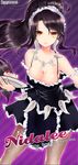  alternate_costume artist_name black_hair breasts cake character_name cleavage enmaided fishnet_pantyhose fishnets food french_maid_nidalee joypyonn large_breasts league_of_legends long_hair maid maid_headdress nidalee pantyhose ponytail skirt smile solo yellow_eyes 