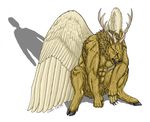  anthro antlers cervine claws deer gunther_silves hooves horn looking_at_viewer male mammal muscles peryton plain_background shadow white_background wings yellow_eyes 