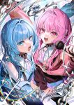  absurdres aqua_eyes aqua_hair aqua_hood aqua_jacket aqua_pupils aqua_sleeves aqua_sweater_vest badge bandai_namco bare_shoulders black_collar blurry blurry_foreground breasts button_badge character_ornament collar collared_shirt commentary_request dot_nose eyelashes gawako glint hair_ornament hairclip highres holding holding_microphone holographic_clothing hood hood_down hooded_jacket ika_(taiko_no_tatsujin) illy_(wadiverse)_(taiko_no_tatsujin) jacket jewelry kaya_(wadiverse)_(taiko_no_tatsujin) looking_at_viewer medium_breasts microphone necklace necktie official_art open_mouth pink_hair pink_pupils pink_sleeves pink_sweater purple_necktie purple_skirt rainbow screentones second-party_source shirt sidelocks silver_chain skirt sleeveless sleeveless_shirt sleeveless_vest sparkle spiked_collar spikes sweater sweater_vest taiko_no_tatsujin teeth tongue upper_teeth_only wada_don wada_katsu wing_collar 