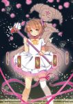  brown_hair card cardcaptor_sakura choker clow_card dress flower_(clow_card) fuuin_no_tsue green_eyes kinomoto_sakura magic_circle multiple_girls nanayuna petals pink_choker ribbon short_hair single_thighhigh star star_choker thighhighs twintails wand 