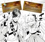  1boy 1girl ahoge ahoge_wag closed_eyes double_v expressive_hair fate/grand_order fate_(series) glasses gloves greyscale heart highres hirano_ryouji japanese_clothes kimono monochrome okita_souji_(fate) okita_souji_(first_ascension)_(fate) partially_fingerless_gloves single_glove smile v wide_sleeves yamanami_keisuke_(fate) 