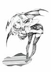  absurdres bat_wings bent_over black_legwear book graphite_(medium) greyscale head_wings highres koakuma long_hair looking_at_viewer monochrome oshake pointy_ears simple_background solo thighhighs touhou traditional_media white_background wings 