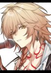  1boy blonde_hair braid chest_tattoo commentary earrings facial_tattoo gold_earrings gradient_hair highres honkai:_star_rail honkai_(series) jewelry male_focus medium_hair microphone multicolored_hair mydei_(honkai:_star_rail) neck_tattoo open_clothes open_shirt red_hair red_tattoo shirt side_braid simple_background solo suer2230 symbol-only_commentary tattoo white_background white_shirt yellow_eyes 