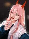  1girl artist_name black_necktie blue_jacket blurry blurry_background chainsaw_man collared_shirt cross-shaped_pupils demon_girl demon_horns ear_piercing earrings eyelashes finger_gun fingernails hair_between_eyes hair_over_breasts highres hood hooded_jacket horns jacket jewelry light_particles long_fingernails long_hair mole mole_on_cheek mole_on_forehead mole_on_hand mole_on_neck necktie parted_lips piercing pink_hair power_(chainsaw_man) red_eyes red_horns selfie sharp_teeth shirt stud_earrings symbol-shaped_pupils teeth thick_eyebrows thick_lips white_shirt yellow_pupils zeebythesea 