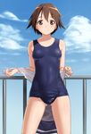  ass_visible_through_thighs blush breasts brown_eyes brown_hair cloud covered_navel day medium_breasts miyafuji_yoshika one-piece_swimsuit school_swimsuit shiny shiny_clothes short_hair sky smile solo strike_witches swimsuit tkln world_witches_series 