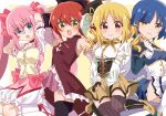  4girls armpit_peek blonde_hair blue_eyes blue_hair blush bocchi_the_rock! border bow cosplay detached_sleeves drill_hair fingerless_gloves gloves gotoh_hitori hair_bow hair_ornament highres ijichi_nijika kaname_madoka kaname_madoka_(cosplay) kita_ikuyo long_hair looking_at_viewer magical_girl mahou_shoujo_madoka_magica miki_sayaka miki_sayaka_(cosplay) multiple_girls musical_note musical_note_hair_ornament open_mouth orange_eyes pink_hair red_hair sakura_kyoko sakura_kyoko_(cosplay) short_hair simple_background skirt smile thighhighs tomoe_mami tomoe_mami_(cosplay) tutanai twintails white_border yamada_ryo yellow_background yellow_eyes 