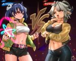  2girls arm_under_breasts artist_name bandaged_chest belt black_choker black_horns black_nails black_pants black_shorts black_tank_top blue_hair blush borrowed_character breasts bright_pupils casting_spell character_name choker cleavage clenched_hand closed_mouth collarbone collared_jacket commentary cowboy_shot demon_girl demon_horns demon_tail earrings english_commentary enma_(enmanuelart) eyelashes eyelashes_through_hair fighting_game gradient_background green_jacket grey_hair hair_between_eyes hand_to_own_mouth horns jacket jewelry ji-yoon_(jourd4n) large_breasts light_particles lips long_sleeves looking_at_another mask mask_on_head medium_breasts medium_hair midriff multicolored_jacket multiple_girls nail_polish navel open_clothes open_jacket open_mouth orange_eyes original pants pointy_ears purple_background purple_belt purple_tail red_eyes red_nails short_shorts shorts signature skull_mask sparkle susan_(rakeemspoon) tail tank_top teeth toned toned_female twintails two-tone_jacket underboob upper_teeth_only vs white_pupils yellow_jacket 