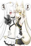  animal_ears fox_ears fox_tail heart hug kazen_(buran_(kure)) long_hair looking_at_viewer multiple_girls original red-eyes_macadamiachoco red_eyes shoushiki_(buran_(kure)) simple_background skirt smile tail white_background yellow_eyes 