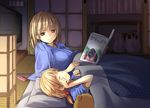  bad_id bad_pixiv_id bag blonde_hair book brown_eyes cellphone hair_bobbles hair_ornament holding holding_book lying multiple_girls on_back one_eye_closed open_mouth original phone pillow shopping_bag short_hair smile stuffed_animal stuffed_toy tatami teddy_bear under_covers yoropa 