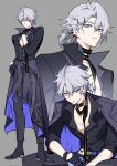  1boy black_boots black_pants black_shirt blue_eyes boots buttons closed_mouth full_body grey_hair grin highres honkai:_star_rail honkai_(series) looking_at_viewer male_focus multiple_views open_clothes open_shirt pants phainon_(honkai:_star_rail) shirt sitting smile solo teeth upper_body yellow_pupils yuelinpanp98413 