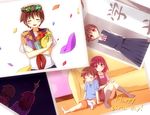  :d ^_^ bad_id bad_pixiv_id brown_hair closed_eyes gift happy_birthday head_wreath kiyosumi_school_uniform kobara_(eirsy5yome) miyanaga_saki miyanaga_teru multiple_girls open_mouth photo_(object) red_hair saki school_uniform serafuku short_hair siblings sisters sleeping smile twintails wreath younger 