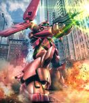  aiming artist_request battle beam_rifle building cable cityscape cloud cloudy_sky damaged debris destruction energy energy_beam energy_gun explosion firing gundam highres lens_flare machinery marasai mecha mecha_focus mobile_suit muzzle_flash one-eyed radio_antenna realistic robot science_fiction sky titans_(gundam) weapon zeta_gundam 