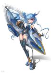  :d absurdres armor bad_id bad_pixiv_id black_legwear blue_hair bodysuit fang gd._fengzi highres horns huge_weapon legs open_mouth original red_eyes smile thighhighs weapon 
