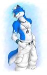  baseball_cap belt blue_eyes blue_fur canine hat looking_at_viewer male medal necklance paws solo topless unknown_artist 