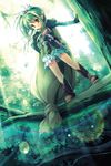  artist_request ass_visible_through_thighs boots cape elf eternal_fantasy fantasy forest green_hair hair_ornament highres in_tree long_hair miniskirt nature pointy_ears skirt solo standing tree yellow_eyes 