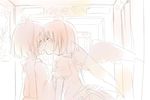  blush closed_eyes inubashiri_momiji kiss monochrome multiple_girls nano_(sekyu) photo_booth pink shameimaru_aya short_hair sketch smile touhou wings yuri 