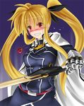  bardiche blonde_hair blush breasts buttons cape clenched_teeth cowboy_shot crying crying_with_eyes_open fate_testarossa gauntlets holding holding_sword holding_weapon large_breasts long_hair lyrical_nanoha mahou_shoujo_lyrical_nanoha_strikers military military_uniform raising_heart red_eyes solo sword tears teeth twintails uniform very_long_hair weapon 