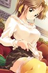  brown_hair copyright_request couch green_eyes ponytail shangrlia sitting skirt solo takei_masaki 