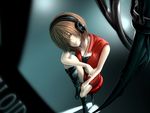  boots brown_eyes brown_hair foreshortening hair_over_one_eye headphones meiko short_hair skirt solo stool sumito vest vocaloid 