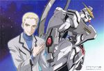  artist_request blonde_hair blue_eyes formal gundam gundam_seed gundam_seed_c.e._73:_stargazer gundam_stargazer highres male_focus mecha moire scan scan_artifacts sol_ryuune_l'ange solo space suit 