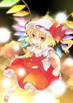  blonde_hair danmaku flandre_scarlet frills hat mary_janes one_side_up ponytail red_eyes ribbon shoes short_hair slit_pupils smirk solo tachitsu_teto touhou tsurime wings 