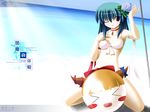  &gt;_&lt; ball beachball bikini blush choker closed_eyes hair_ornament highres ibuki_suika one_eye_closed rod_of_remorse shiki_eiki side_b solo swimsuit touhou wallpaper 