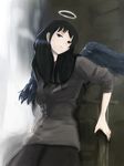  angel_wings black_eyes black_hair breath cigarette haibane_renmei halo long_hair mo_(pixiv51929) reki sleeves_rolled_up smoking solo wings 