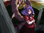  hair_ornament leaf leaf_hair_ornament onbashira purple_hair rope serious shide shimenawa short_hair solo thinking touhou uruu_gekka yasaka_kanako 