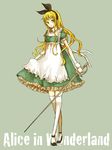  alice_(wonderland) alice_in_wonderland apron bad_id bad_pixiv_id blonde_hair buttons buzz dress frills green_eyes hairband high_heels long_hair shoes solo sword text_focus thighhighs weapon wrist_cuffs 