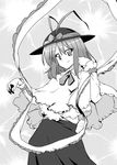  blush capelet frills greyscale hat kiku_hitomoji long_sleeves looking_at_viewer monochrome nagae_iku shawl short_hair skirt solo standing touhou 