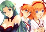  artist_request bare_shoulders blue_eyes breasts cleavage detached_collar elbow_gloves fuyou_kaede gloves green_eyes green_hair hairband higurashi_no_naku_koro_ni long_hair lowres medium_breasts multiple_girls neon_genesis_evangelion non-web_source orange_hair school_uniform serafuku short_hair shuffle! sonozaki_shion souryuu_asuka_langley 