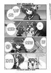  ahoge braid comic fingerless_gloves gloves graf_eisen greyscale hammer hard_translated hat jacket lyrical_nanoha magical_girl mahou_shoujo_lyrical_nanoha_strikers mikage_takashi monochrome multiple_girls open_clothes open_jacket raising_heart takamachi_nanoha translated twin_braids twintails vita 