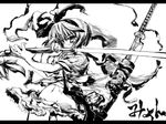  blush fighting_stance frills greyscale groin hairband katana konpaku_youmu konpaku_youmu_(ghost) letterboxed matsuno_canel monochrome myon_(phrase) navel no_panties sheath short_hair skirt solo standing strap sword torn_clothes touhou wallpaper weapon 