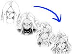  1girl 90s aa_megami-sama comparison dark_skin evolution facial_mark forehead_mark fujishima_kousuke goddess kosuke_fujishima long_hair looking_at_viewer monochrome simple_background smile urd white_background 