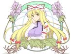  blonde_hair blush bow flower hair_bow hat long_hair ribbon ryuushou smile solo touhou wallpaper yakumo_yukari yellow_eyes 