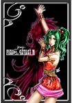  armlet arms_up bad_id bad_pixiv_id bare_shoulders black_background black_border border brooch copyright_name cowboy_shot dress dual_persona final_fantasy final_fantasy_vi green_eyes green_hair hair_bobbles hair_ornament jewelry kei-r multiple_girls necklace parted_lips ponytail red_dress sash short_hair sleeveless sleeveless_dress standing strapless strapless_dress tina_branford trance_tina_branford 
