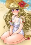  bad_id bad_pixiv_id beach blonde_hair blush bow breasts cleavage covered_nipples day flower hair_bow hat hat_flower jyako large_breasts long_hair one-piece_swimsuit purple_eyes ribbon sandals school_swimsuit seiza sitting solo straw_hat swimsuit touhou v_arms white_school_swimsuit white_swimsuit yakumo_yukari 
