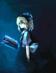  alice_margatroid alice_margatroid_(pc-98) blonde_hair blue_eyes blue_hairband book expressionless floating floating_object fori from_side grimoire grimoire_of_alice hairband puffy_short_sleeves puffy_sleeves shaded_face short_hair short_sleeves solo touhou touhou_(pc-98) 